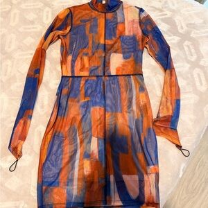 Fashion Nova Vibrant Orange and Blue Long Sleeve Dress